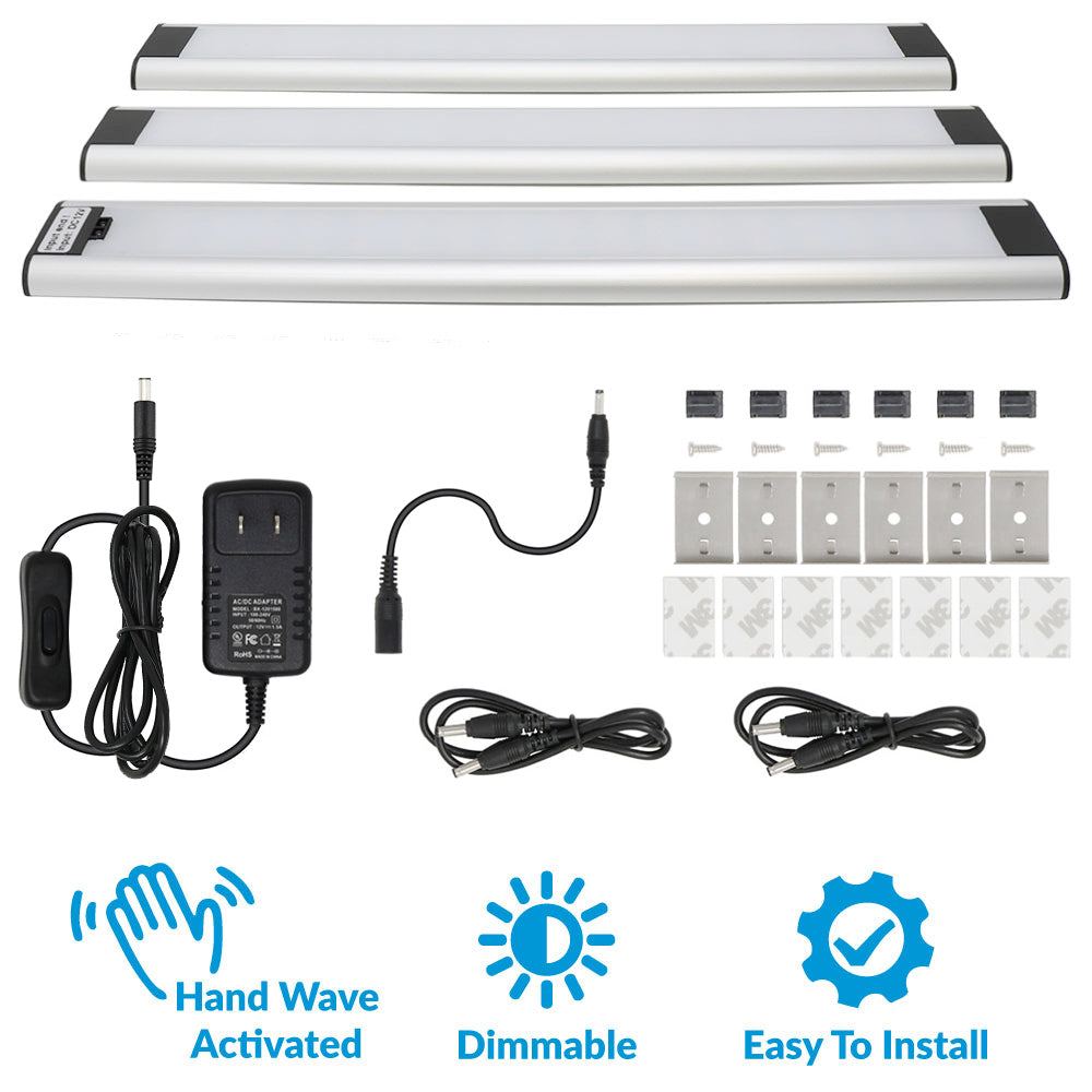 LED Under Cabinet Lighting Hand Wave Activated Dimmable Cool White (6000K), 12W, 12VDC, 960 Lumens, 3 Pack [Economy Version]