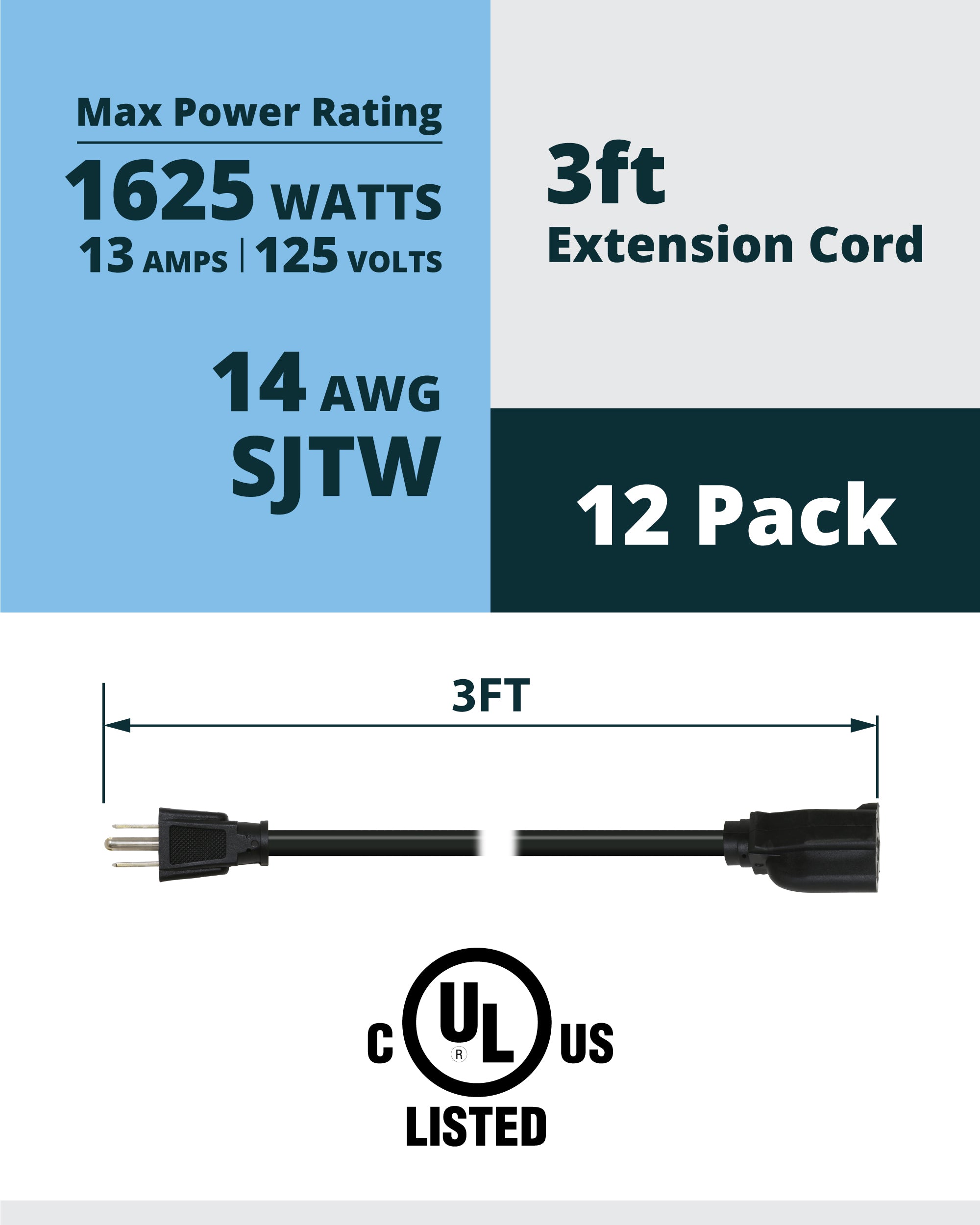 16awg power extension cord 3ft - 2