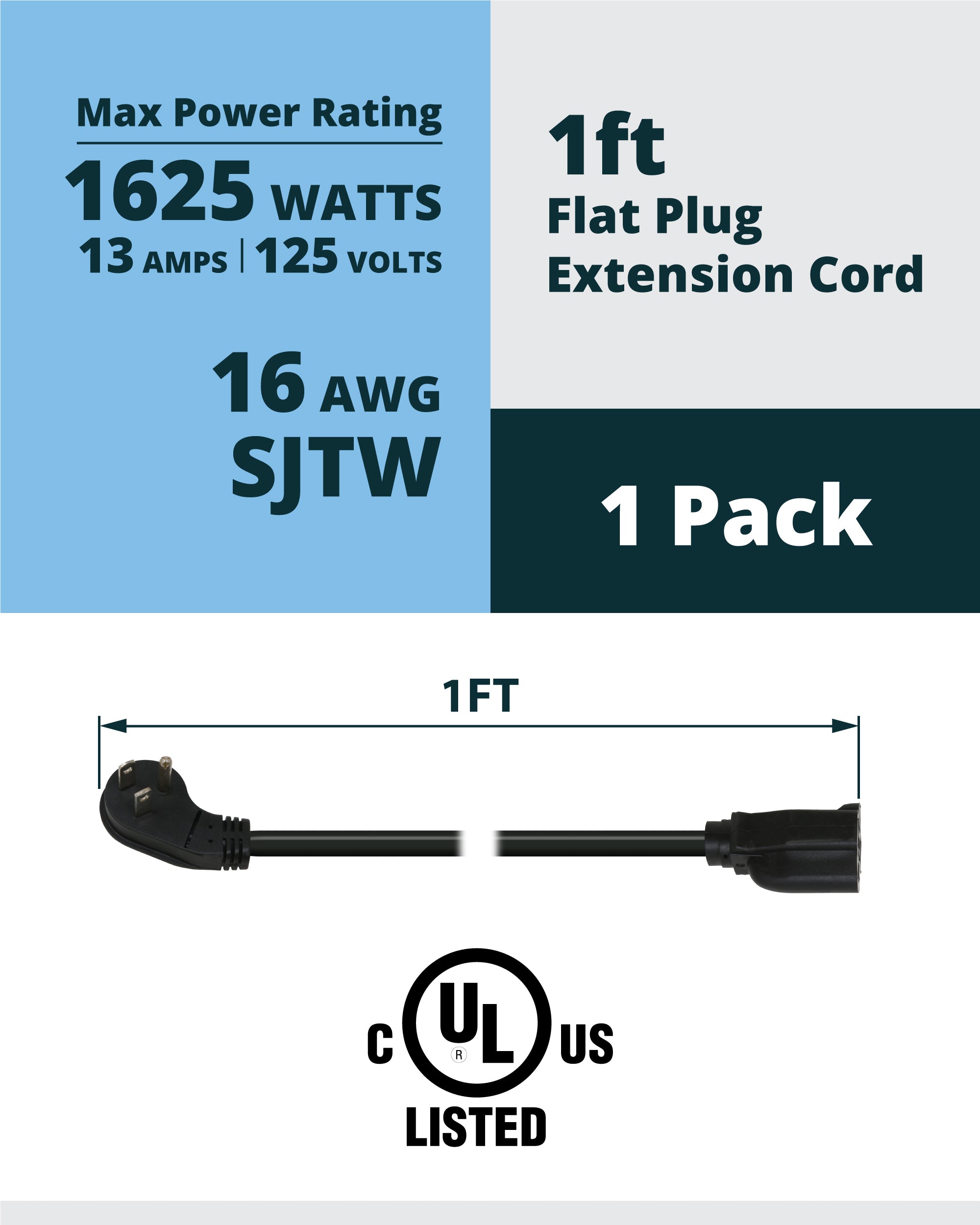 16AWG Flat Plug Power Extension Cord 1ft | Lightkiwi