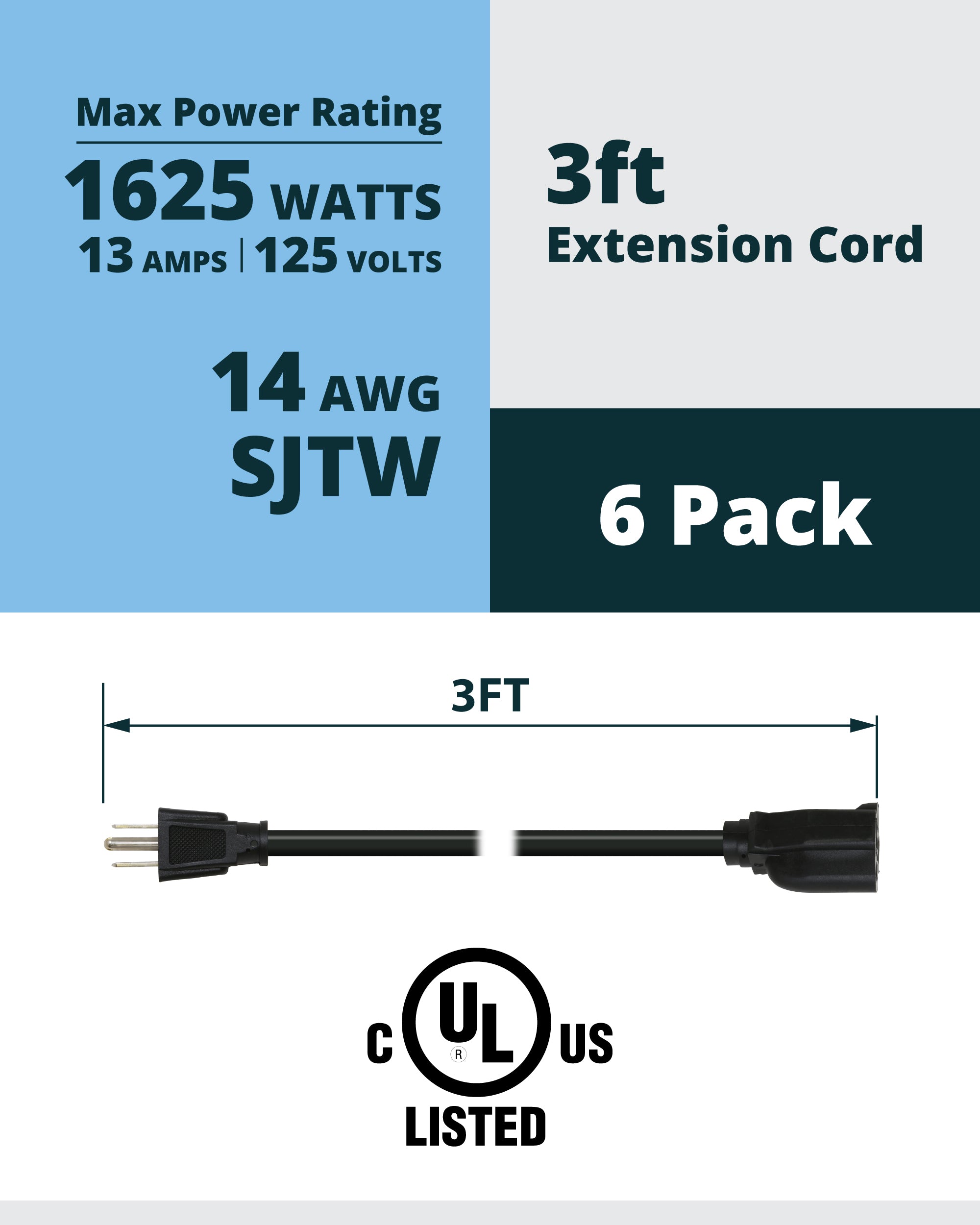 16AWG Power Extension Cord 3ft, 6-Pack